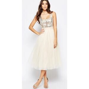 Little Mistress Sequin Midi Dress With Tulle Skirt Size 6 Cream Party Prom